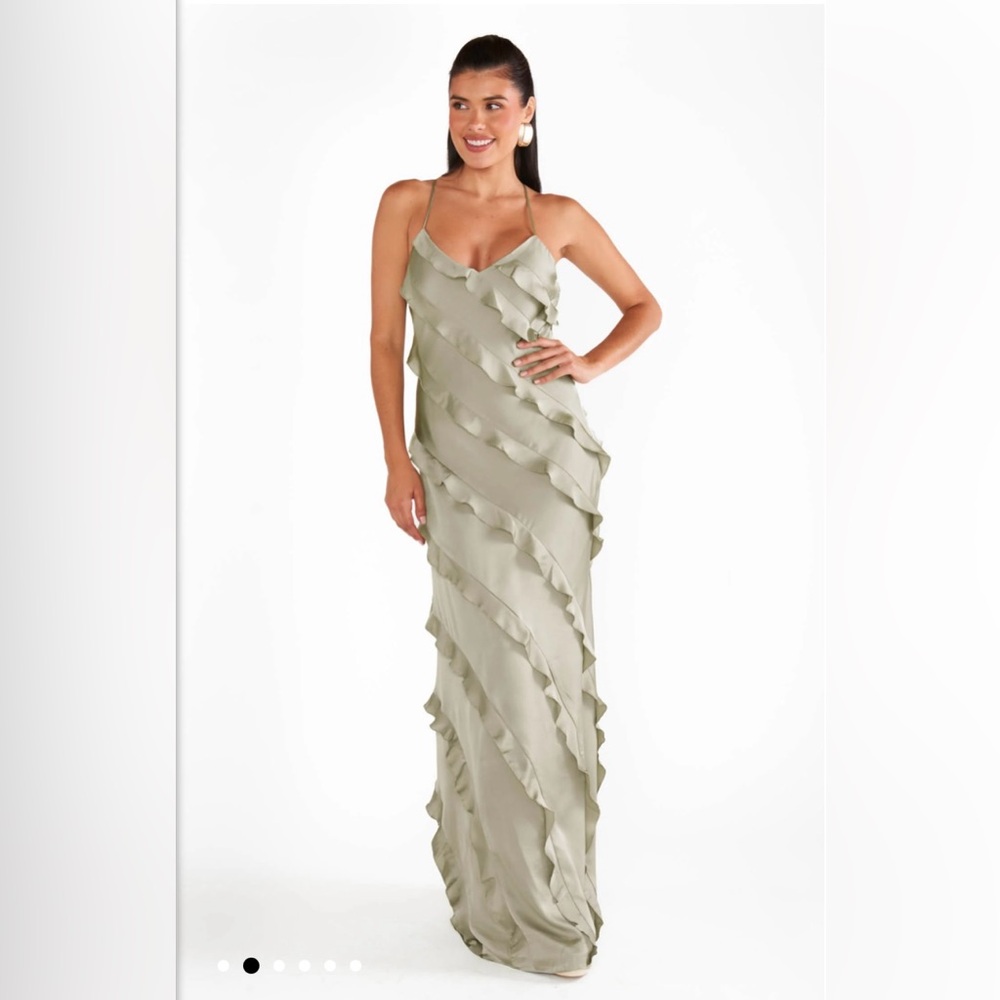 Show Me Your MuMu Romance Ruffle Dress in Moss Green Luxe Satin